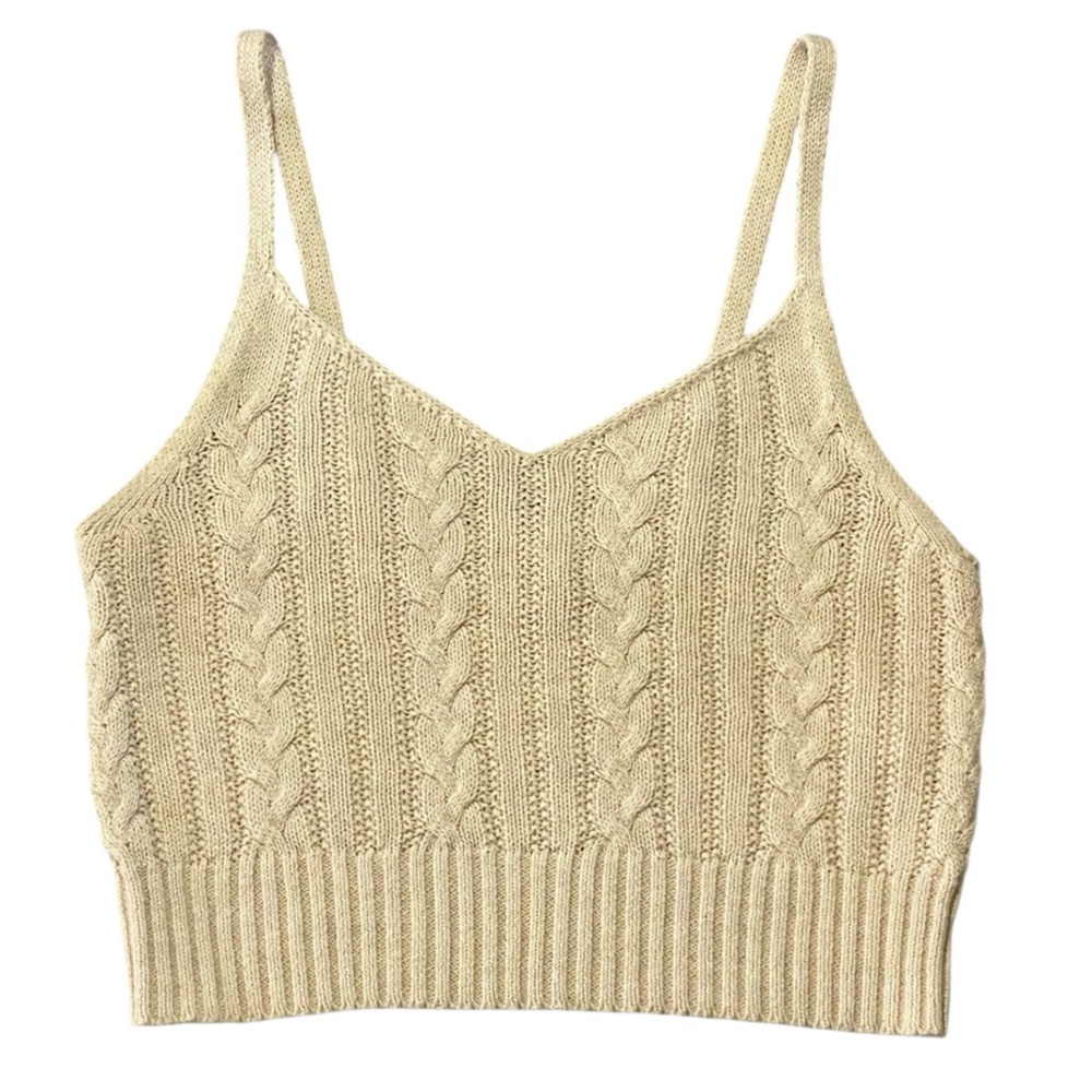 American Eagle Cable Knit V-Neck Cropped Tank Top Beige XS Cotton Neutral Preppy - Picture 2 of 7
